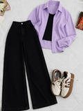 Lilac Button-Down Shirt With Black Tank Top & Black Wide Leg Jeans