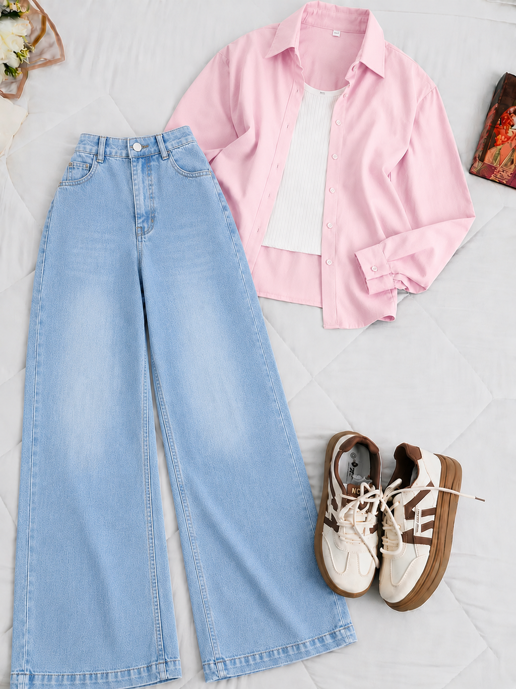 Baby-Pink Button-Down Shirt With White Tank Top & Ice-Blue Wide Leg Jeans