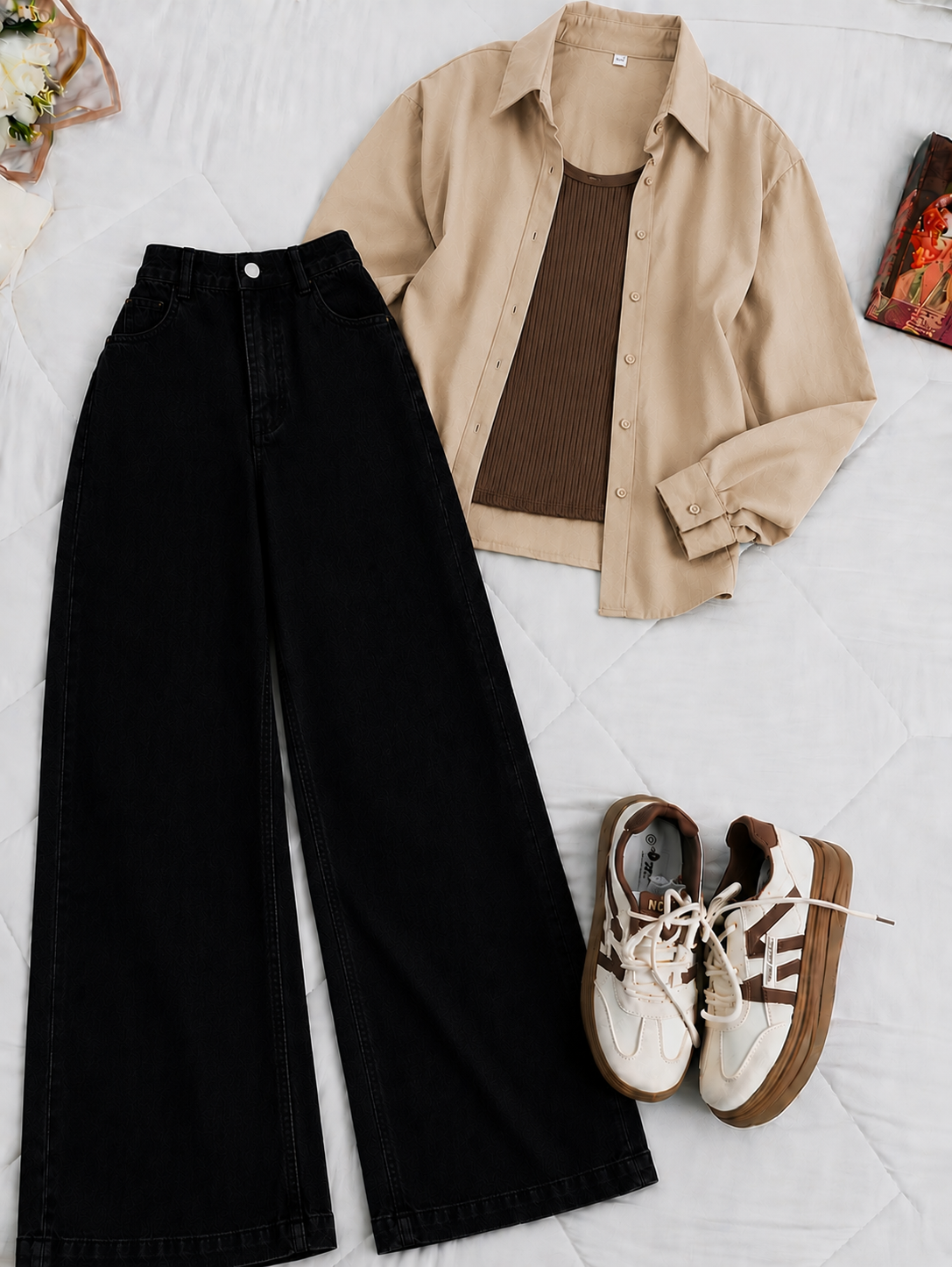 Beige Button-Down Shirt With Brown Tank Top & Black Wide Leg Jeans