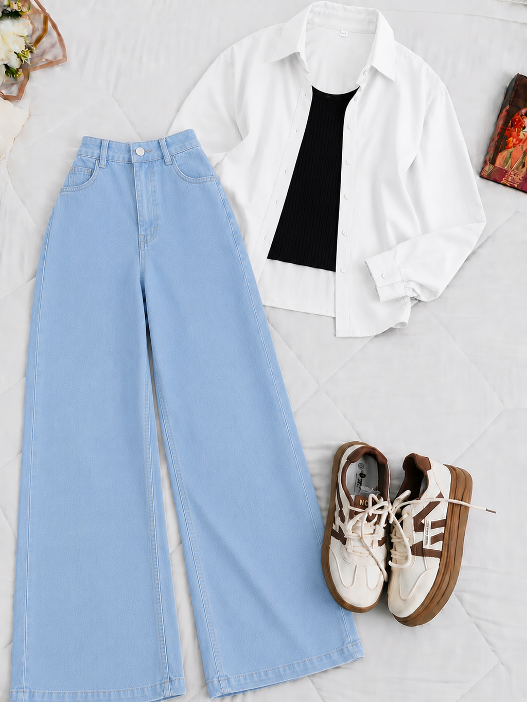 White Button-Down Shirt With White Tank Top & Ice-Blue Wide Leg Jeans