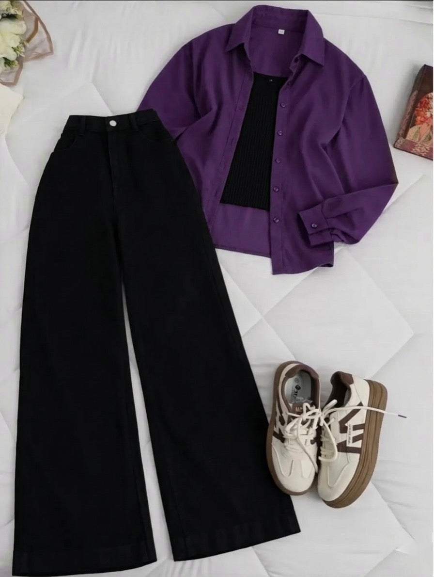 Purple Button-Down Shirt With Black Tank Top & Black Wide Leg Jeans