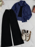 Navy-Blue Button-Down Shirt With Black Tank Top & Black Wide Leg Jeans