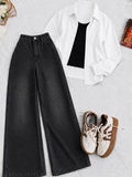 White Button-Down Shirt Black Tank Top & Charcoal Vintage Wide Leg Jeans