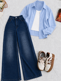 Sky-Blue Button-Down Shirt White Tank Top & Dark-Blue Vintage Wide Leg Jeans