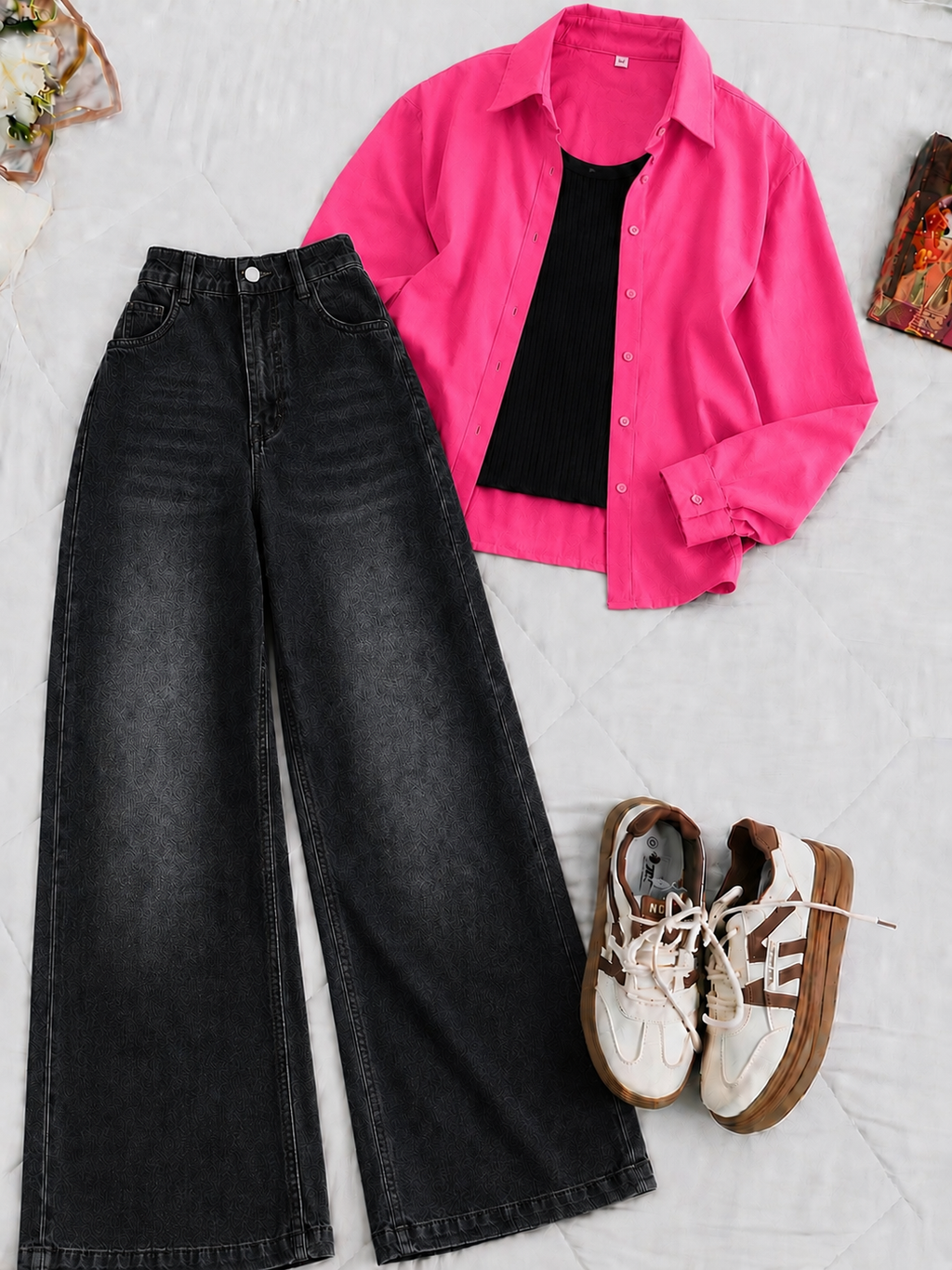 Hot-Pink Button-Down Shirt White Tank Top & Charcoal Vintage Wide Leg Jeans