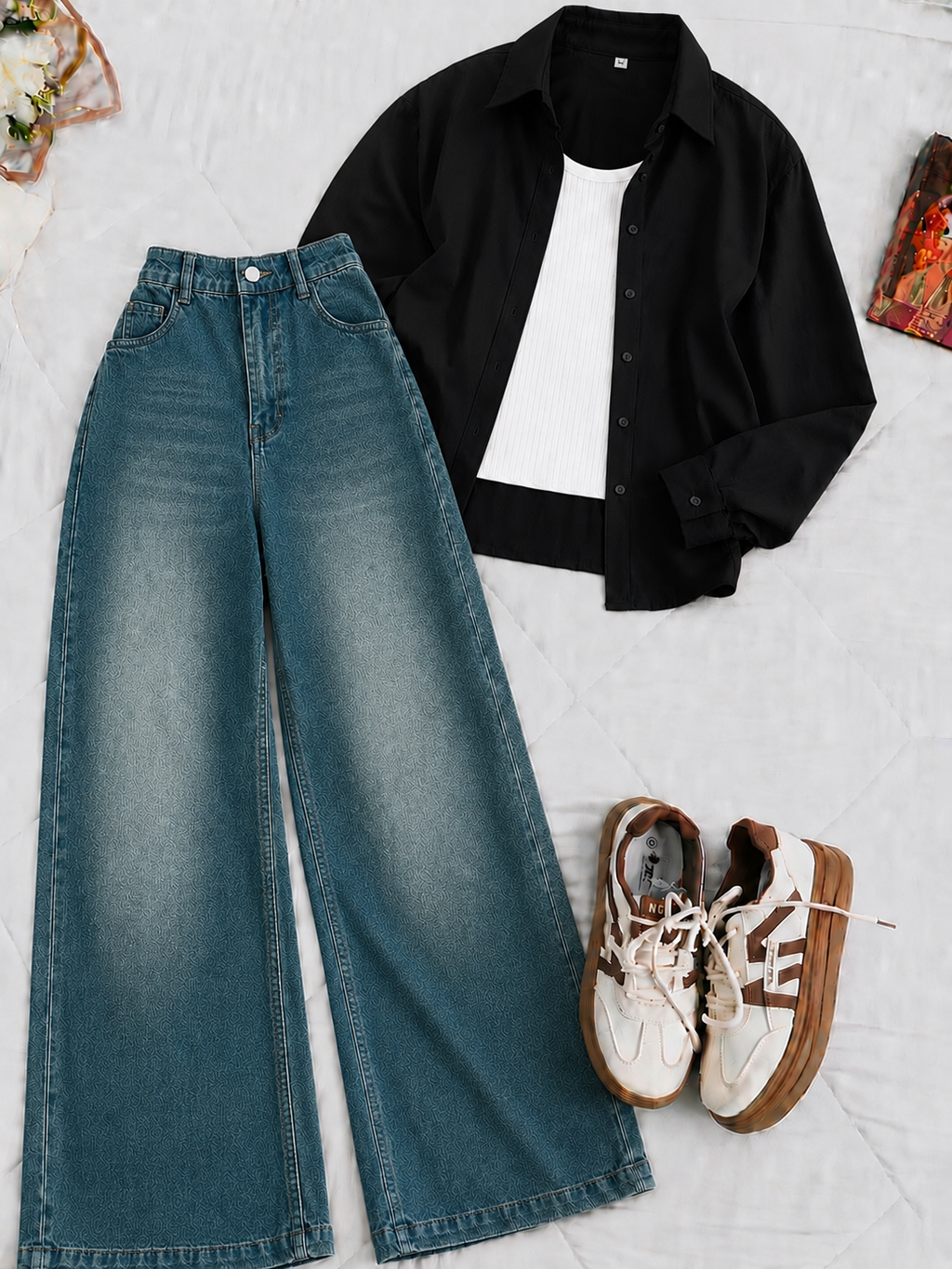 Black Button-Down Shirt White Tank Top & Mid-Blue Vintage Wide Leg Jeans