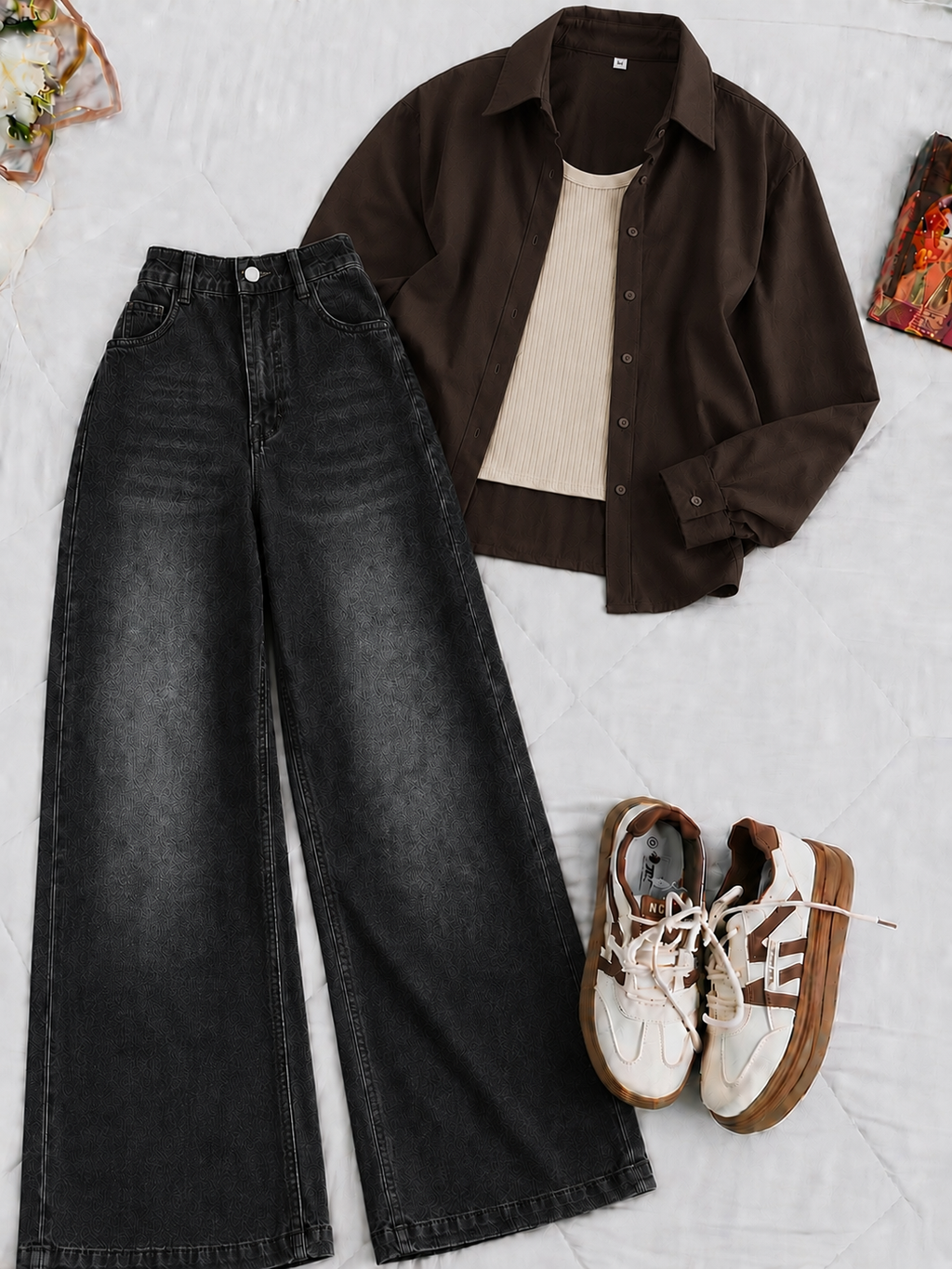 Brown Button-Down Shirt White Tank Top & Charcoal Vintage Wide Leg Jeans
