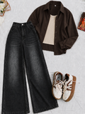 Brown Button-Down Shirt White Tank Top & Charcoal Vintage Wide Leg Jeans