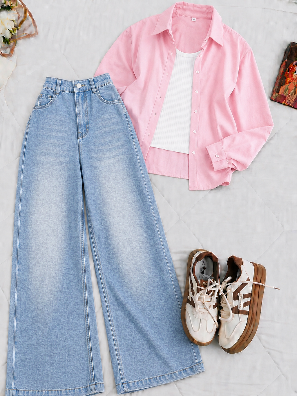 Baby-Pink Button-Down Shirt White Tank Top & Ice-Blue Vintage Wide Leg Jeans