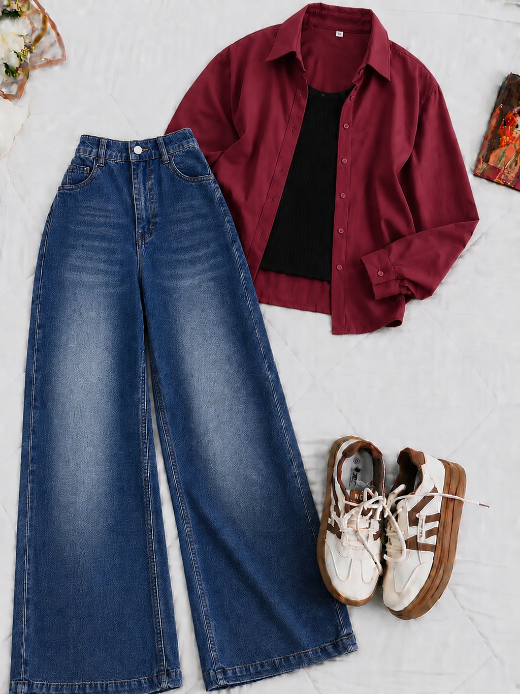 Maroon Button-Down Shirt Black Tank Top & Dark-Blue Vintage Wide Leg Jeans