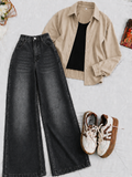 Beige Button-Down Shirt Black Tank Top & Charcoal Vintage Wide Leg Jeans