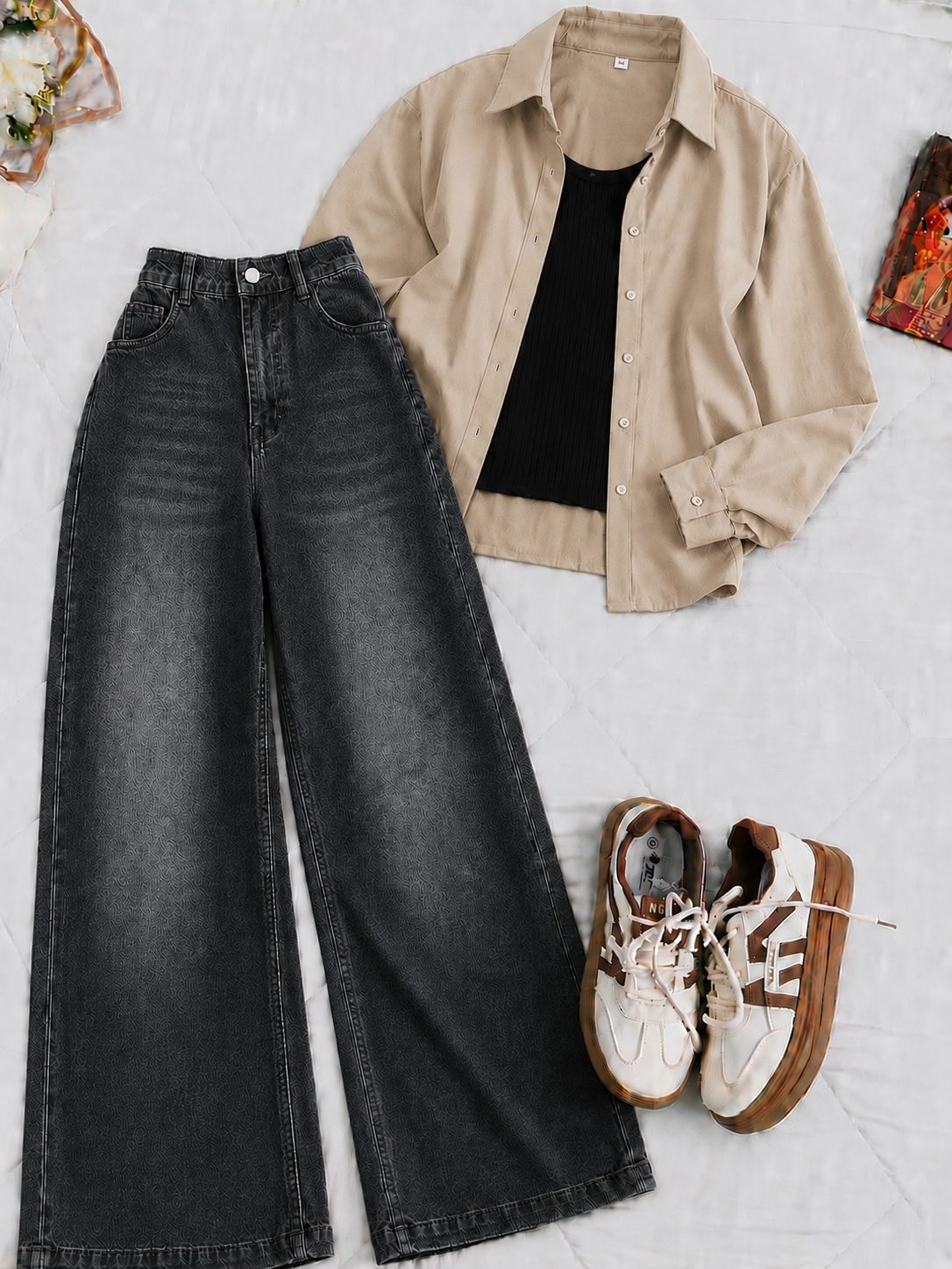 Beige Button-Down Shirt Black Tank Top & Charcoal Vintage Wide Leg Jeans