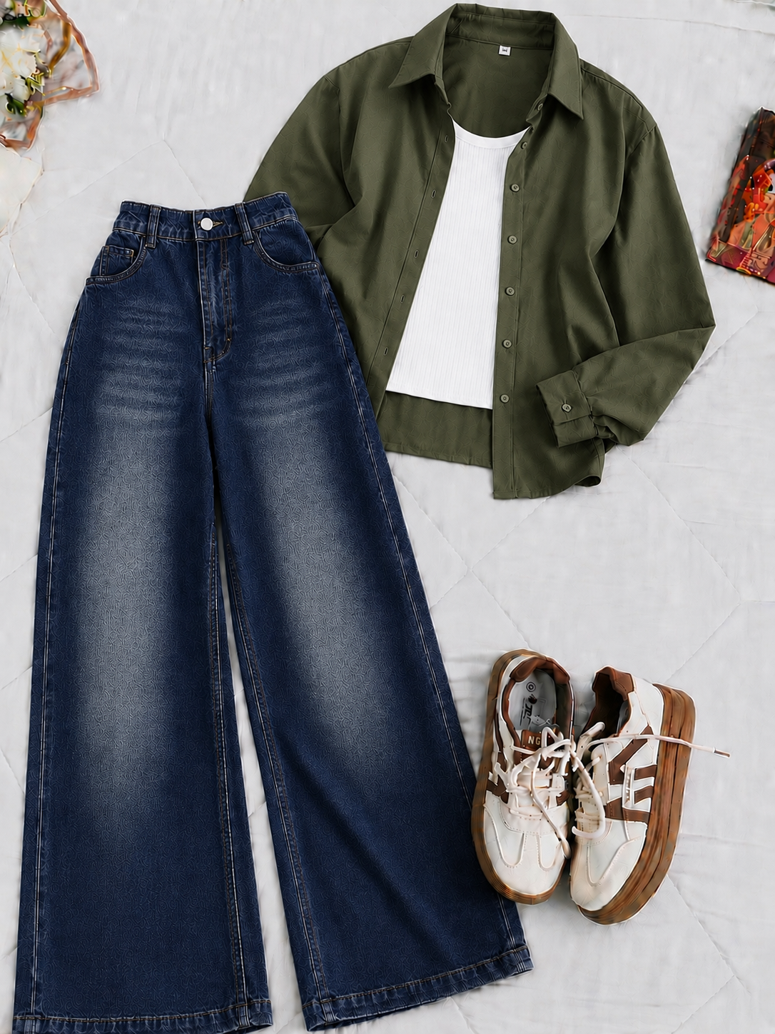 Olive-Green Button-Down Shirt White Tank Top & Dark-Blue Vintage Wide Leg Jeans