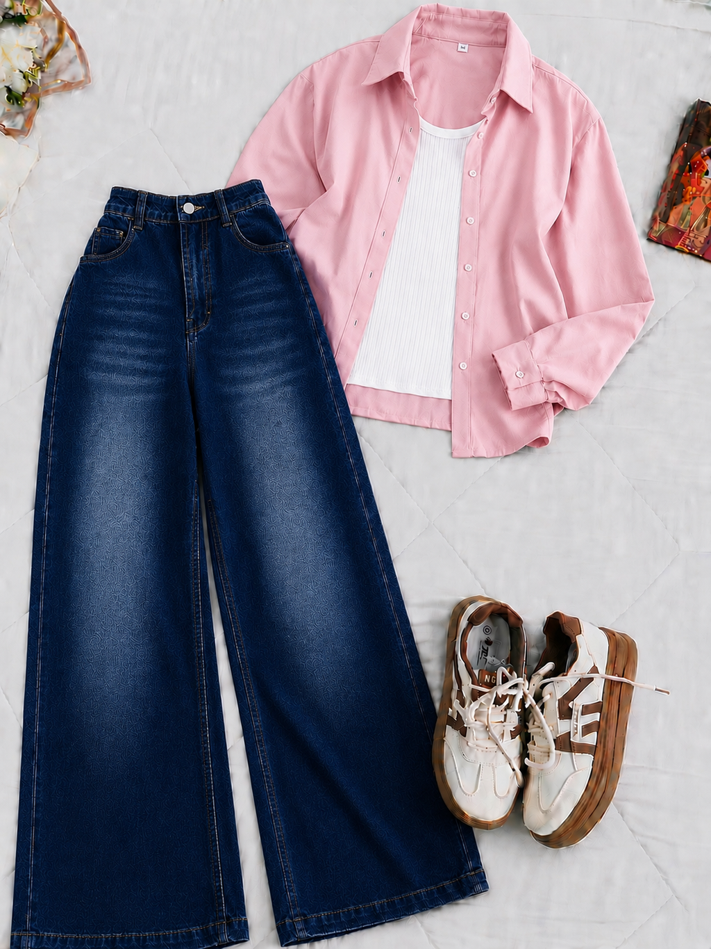 Baby-Pink Button-Down Shirt White Tank Top & Dark-Blue Vintage Wide Leg Jeans