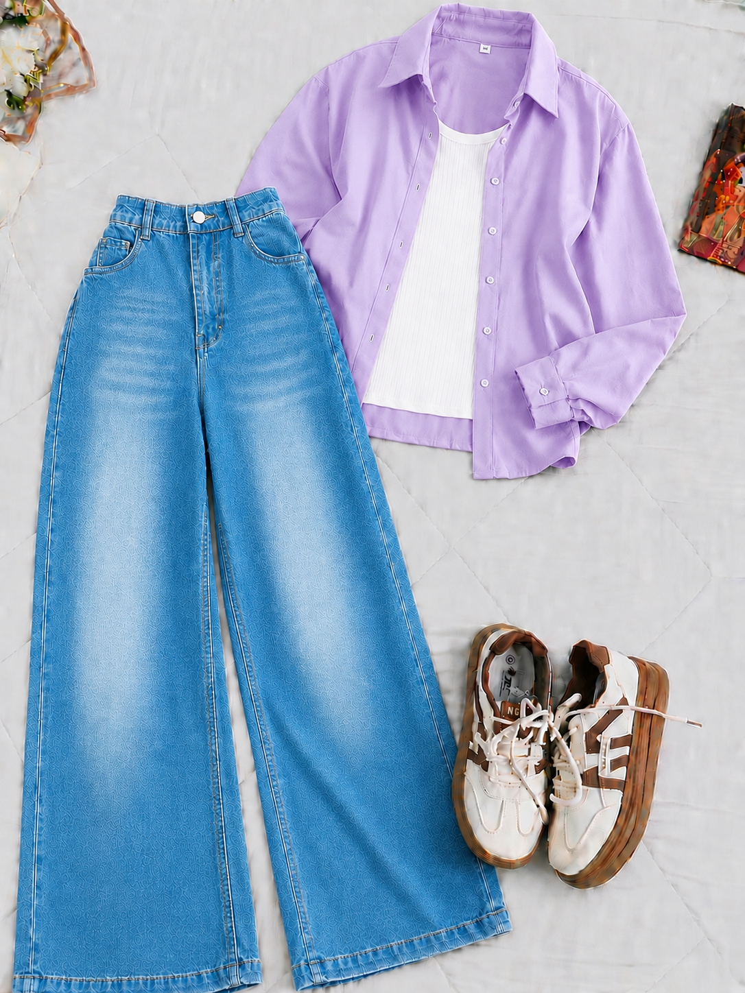 Lilac Button-Down Shirt White Tank Top & Mid-Blue Vintage Wide Leg Jeans