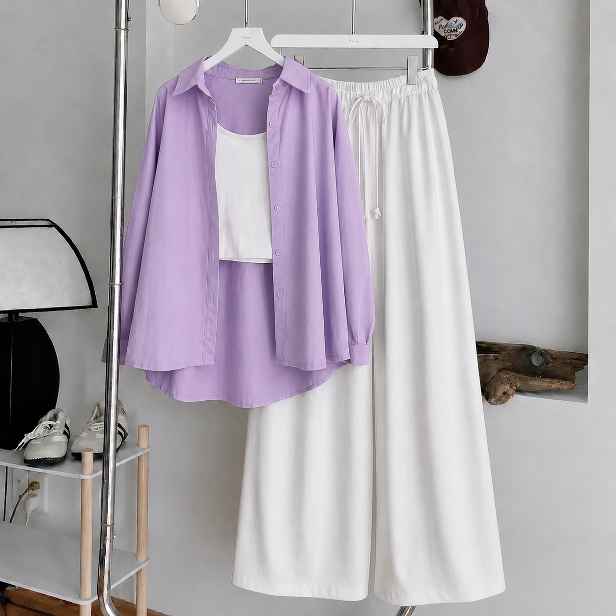 Lilac Button Down Shirt With White Tank Top & White Flapper Trouser