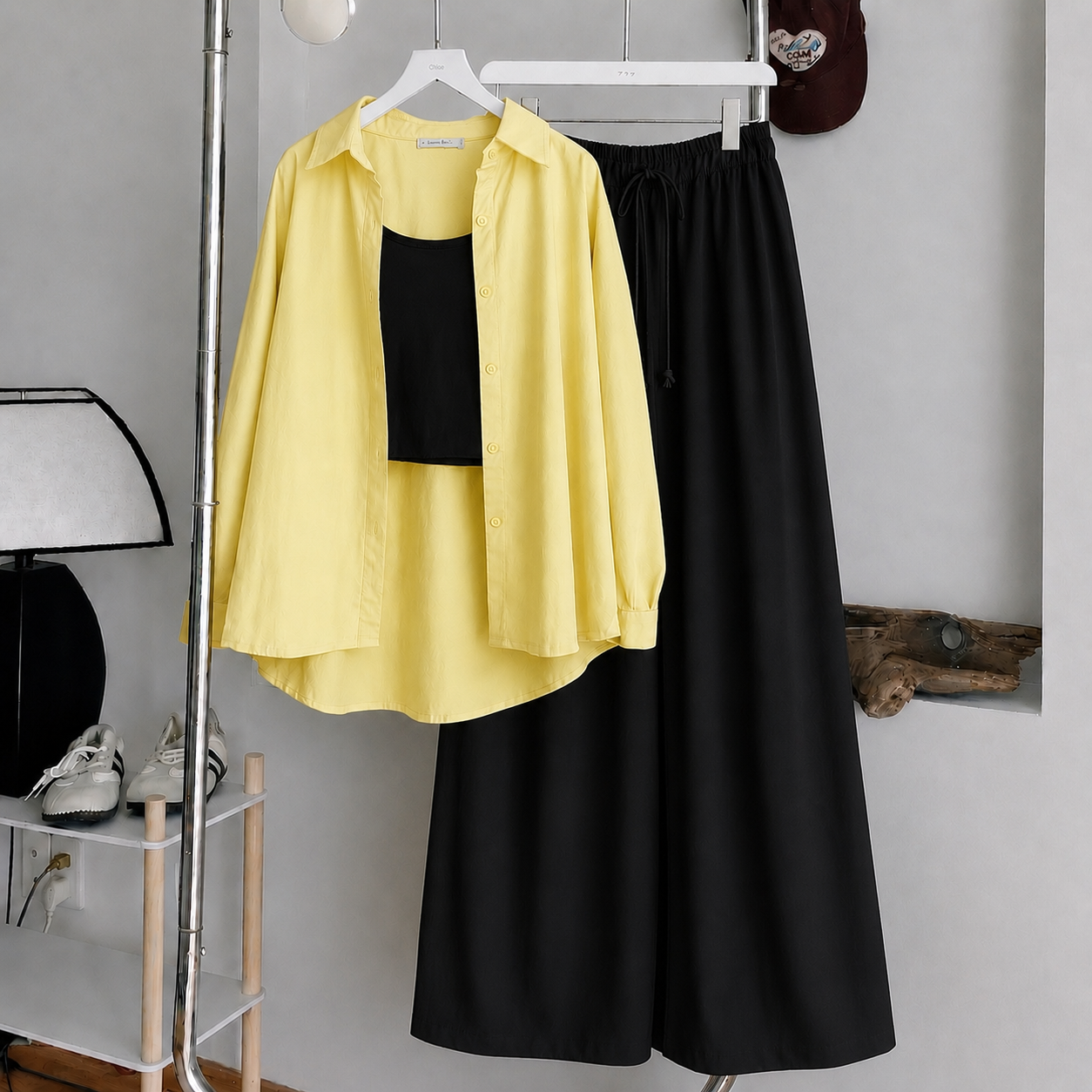 Lemon Button Down Shirt With Black Tank Top & Black Flapper Trouser