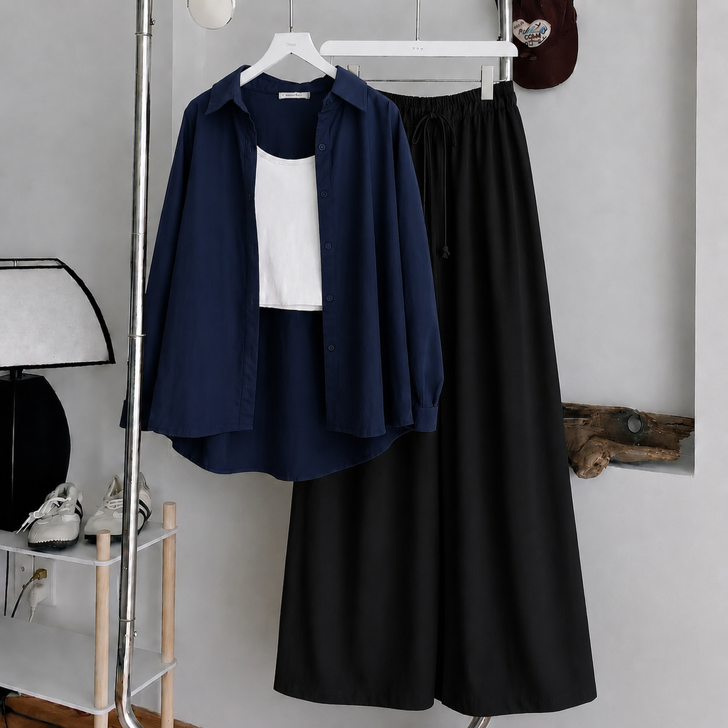 Navy-Blue Button Down Shirt With White Tank Top & Black Flapper Trouser