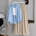 Sky-Blue Button Down Shirt With White Tank Top & Beige Flapper Trouser