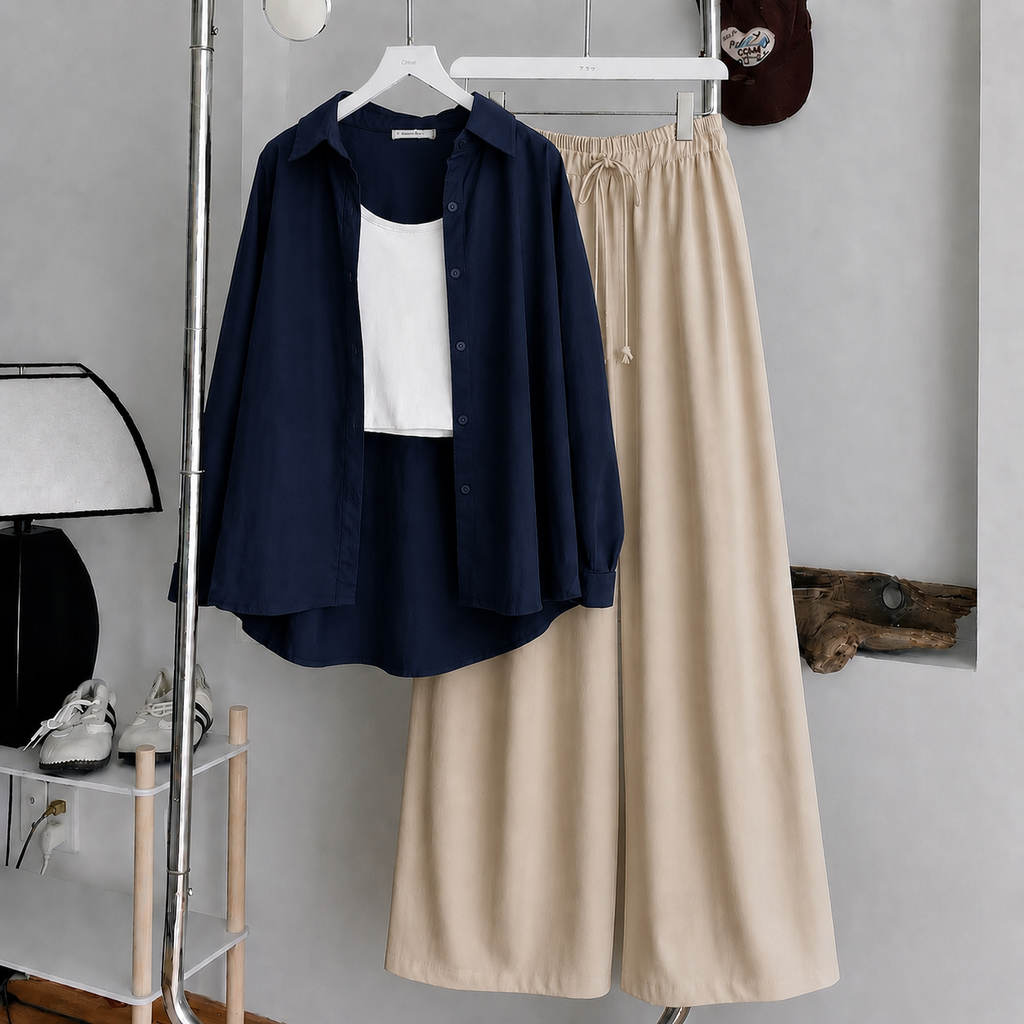 Navy-Blue Button Down Shirt With White Tank Top & Beige Flapper Trouser