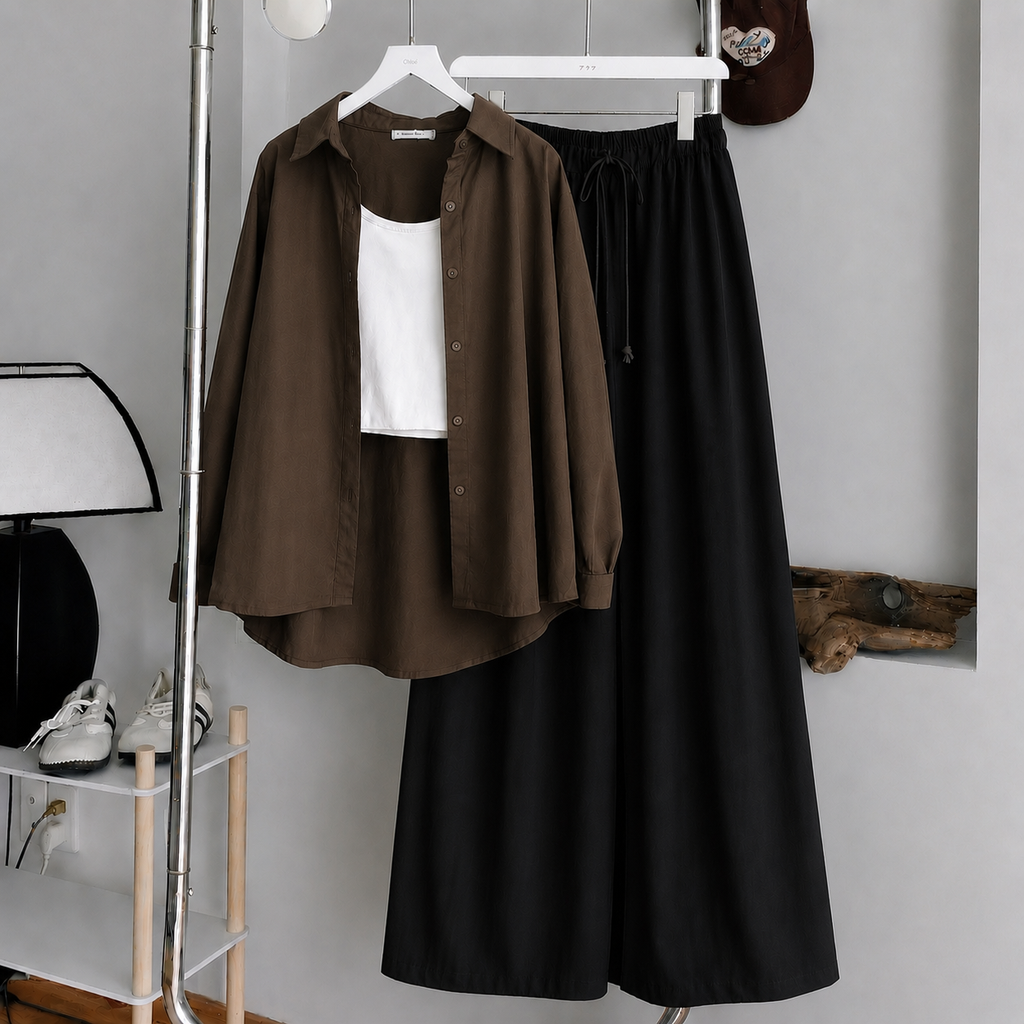 Brown Button Down Shirt With White Tank Top & Black Flapper Trouser