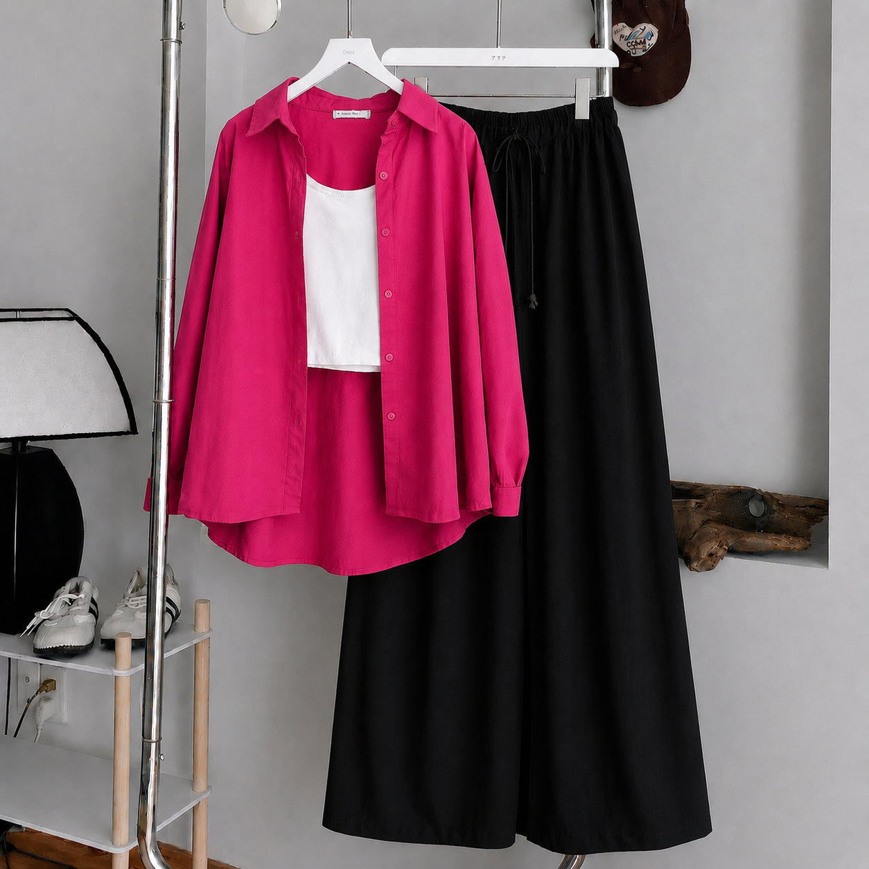 Hot-Pink Button Down Shirt With White Tank Top & Black Flapper Trouser