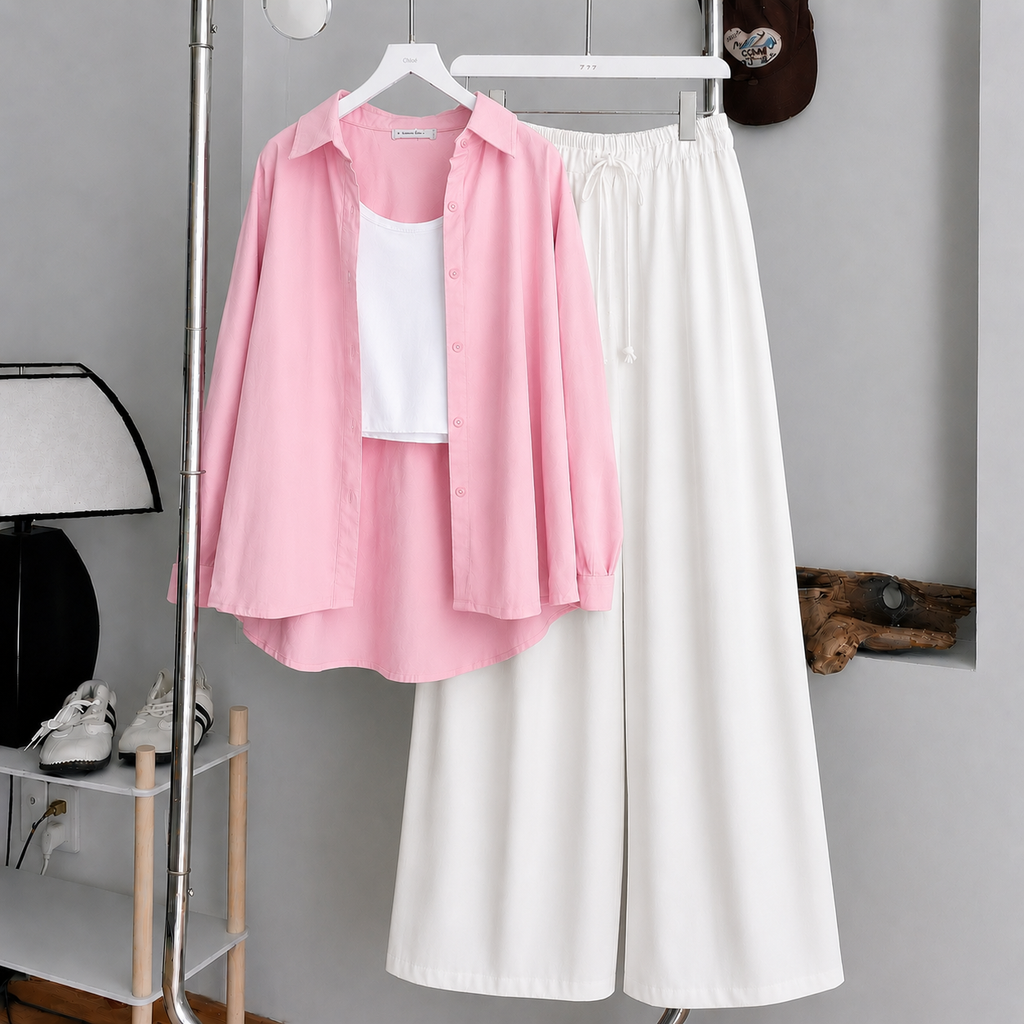 Baby-Pink Button Down Shirt With White Tank Top & White Flapper Trouser