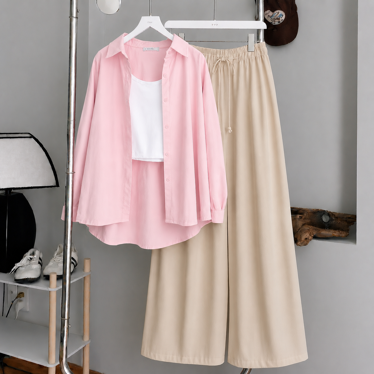 Baby-Pink Button Down Shirt With White Tank Top & Beige Flapper Trouser