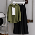 Olive-Green Button Down Shirt With White Tank Top & Black Flapper Trouser