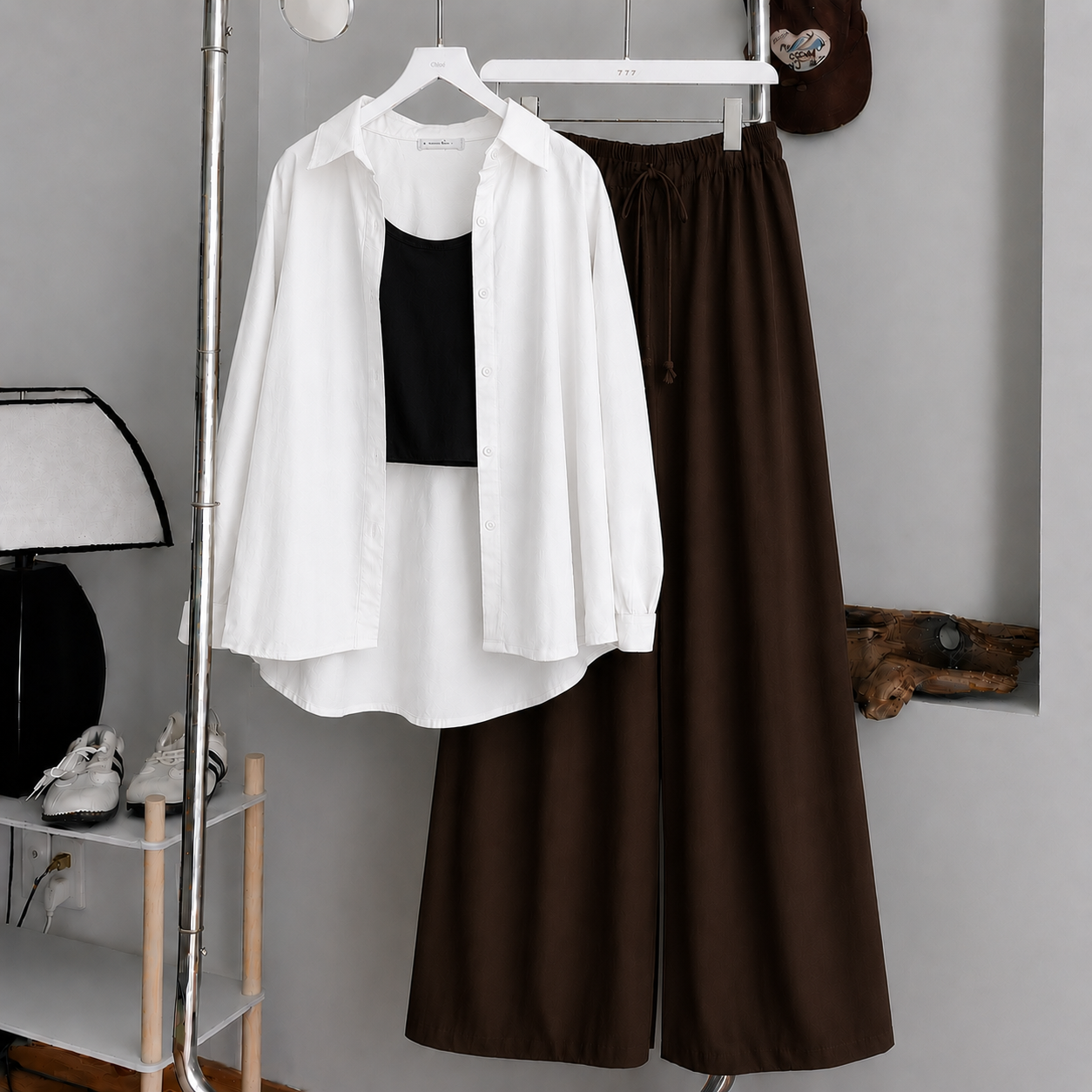 White Button Down Shirt With Black Tank Top & Brown Flapper Trouser