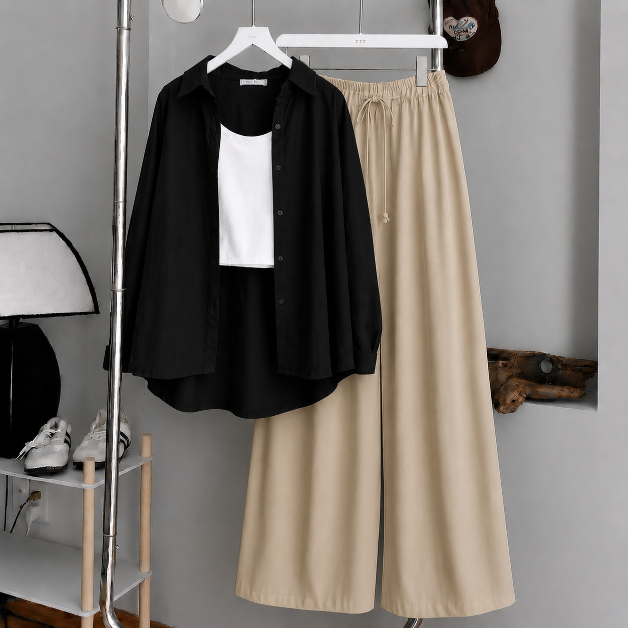 Black Button Down Shirt With White Tank Top & Beige Flapper Trouser