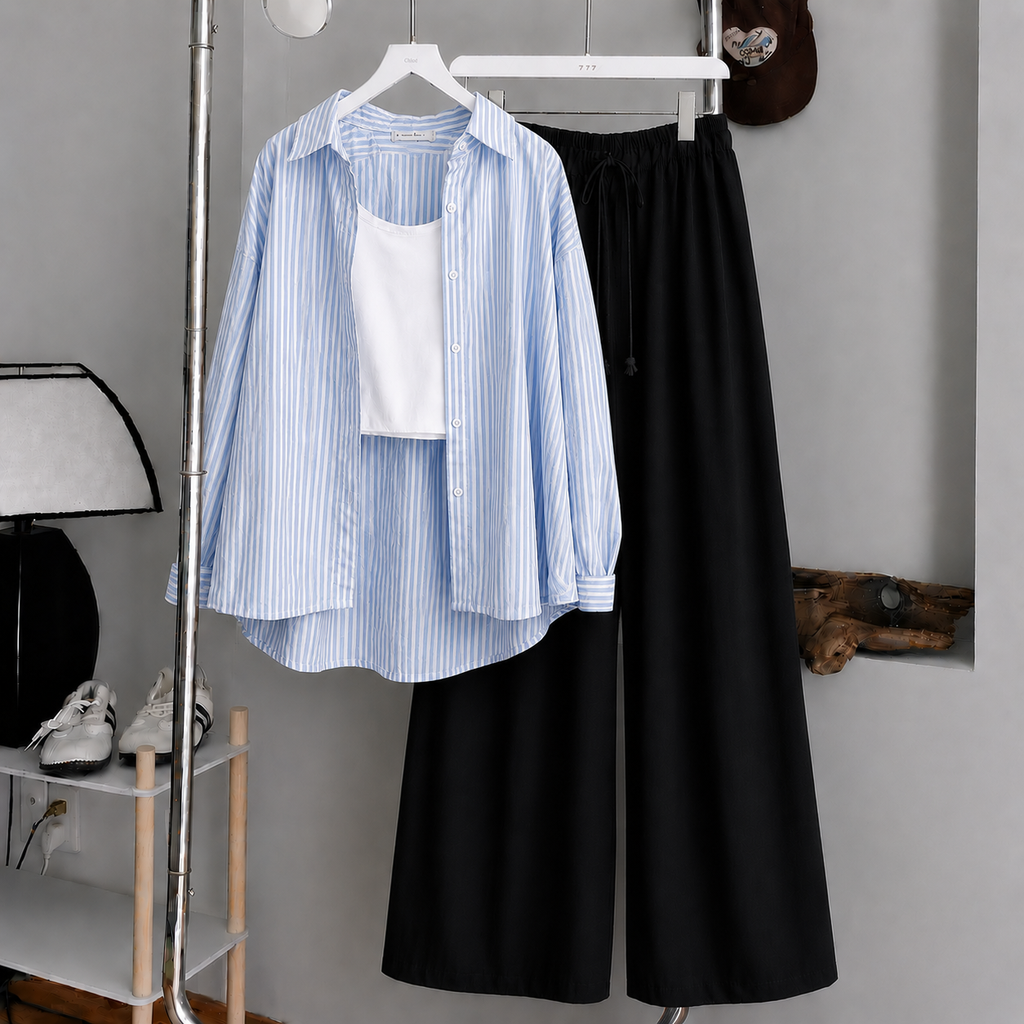 Sky-Blue Striped Button Down Shirt With White Inner & Black Flapper Trouser