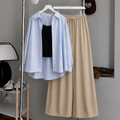 Sky-Blue Striped Button Down Shirt With Black Inner & Beige Flapper Trouser