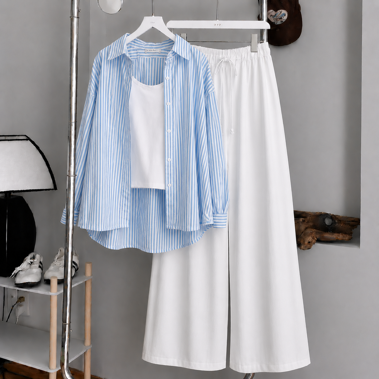 Sky-Blue Striped Button Down Shirt With White Inner & White Flapper Trouser