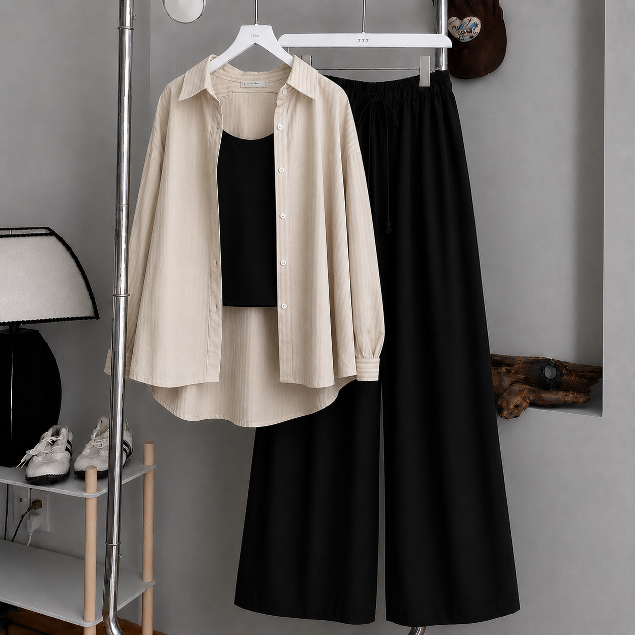 Beige Button Down Shirt With Black Tank Top & Black Flapper Trouser