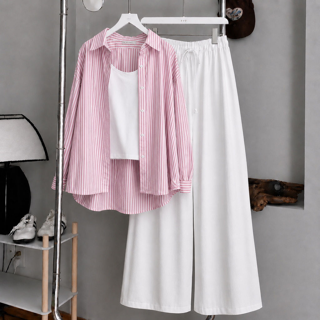 Baby-Pink Striped Button Down Shirt With White Inner & White Flapper Trouser