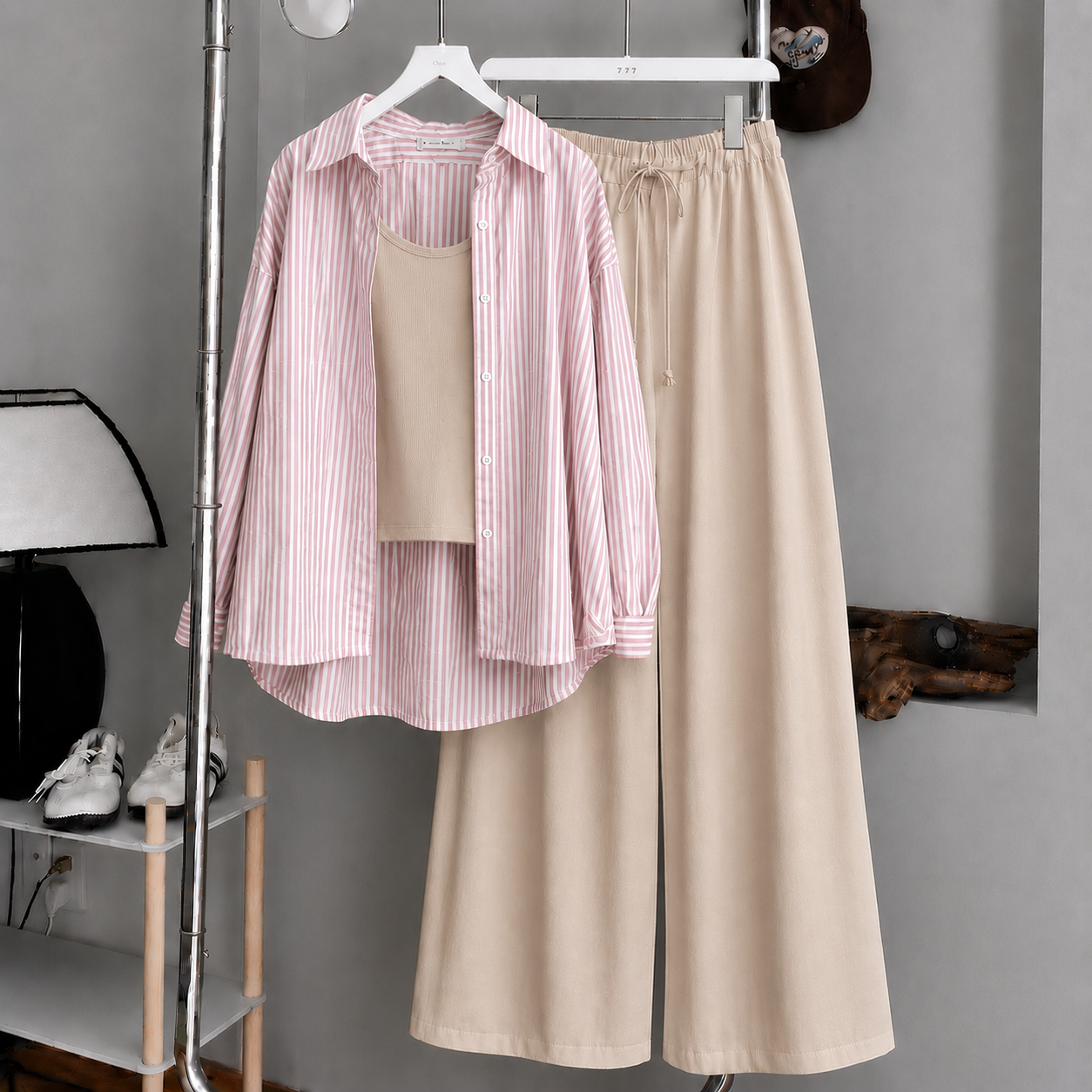 Baby-Pink Striped Button Down Shirt With Beige Inner & Beige Flapper Trouser