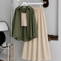 Olive-Green Button Down Shirt With Beige Inner & Beige Maxi Skirt