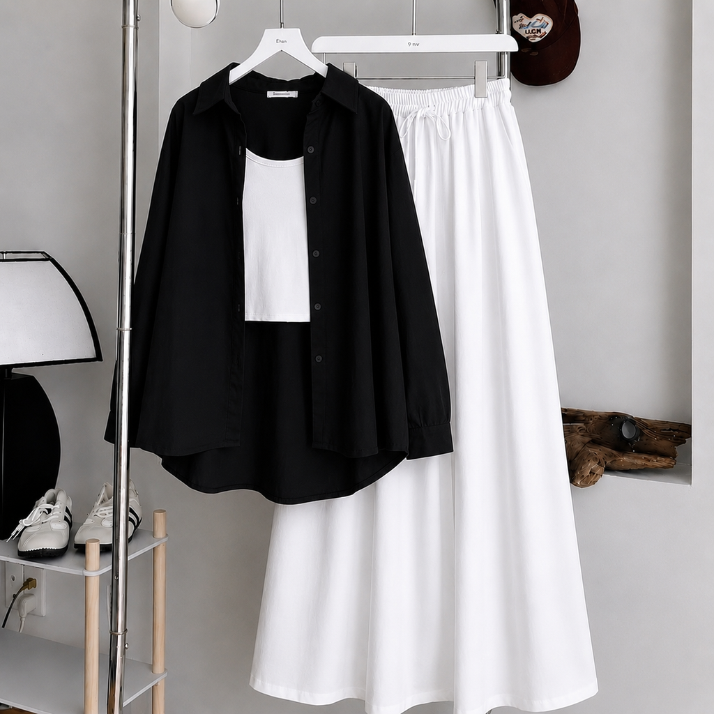 Black Button Down Shirt With White Inner & White Maxi Skirt