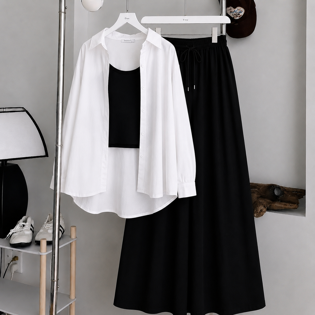 White Button Down Shirt With Black Inner & Black Maxi Skirt
