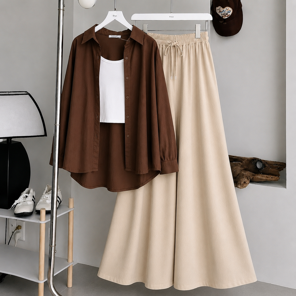 Brown Button Down Shirt With White Inner & Beige Maxi Skirt