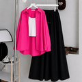 Hot-Pink Button Down Shirt With White Inner & Black Maxi Skirt