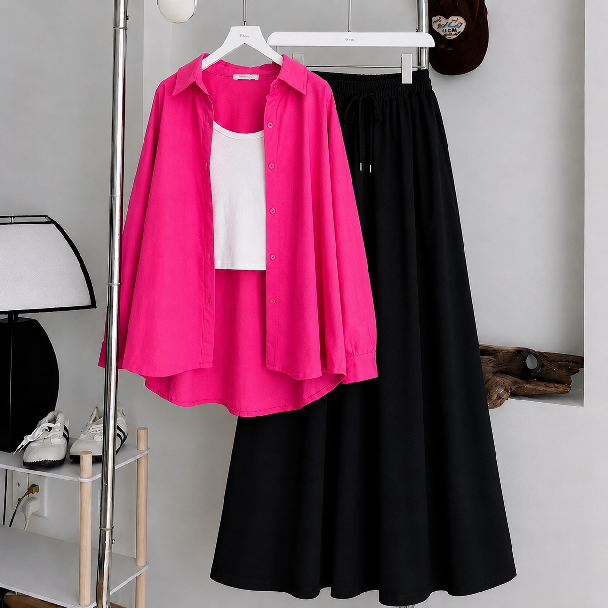 Hot-Pink Button Down Shirt With White Inner & Black Maxi Skirt