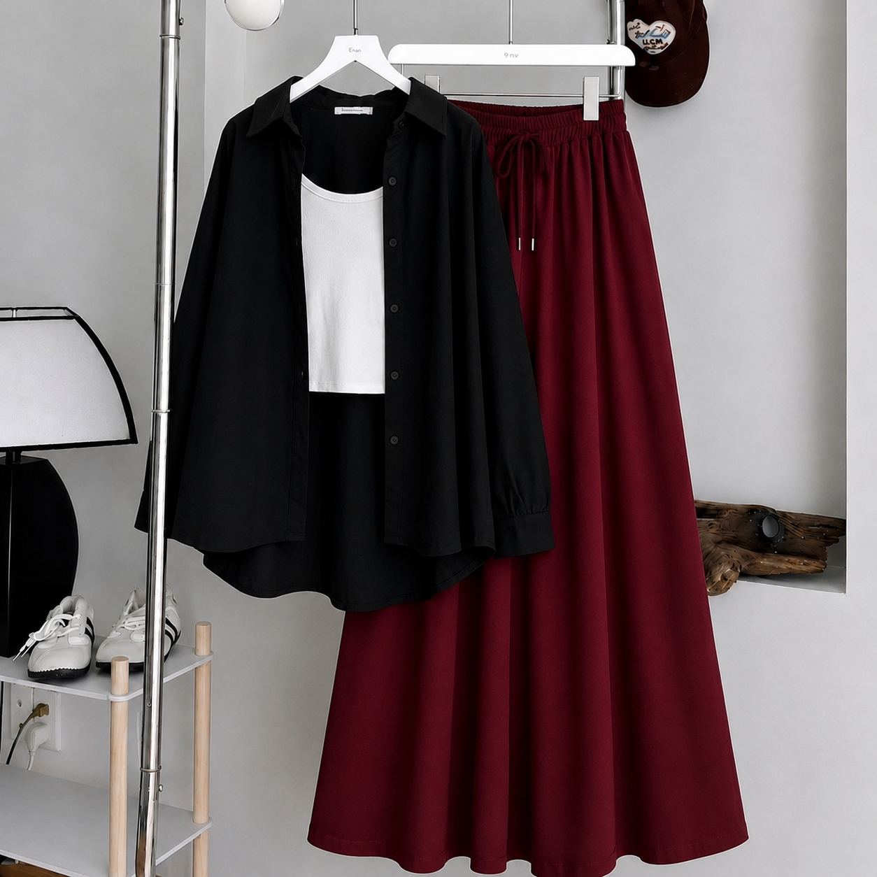Black Button Down Shirt With White Inner & Maroon Maxi Skirt