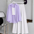 Lilac Button Down Shirt With White Inner & White Maxi Skirt