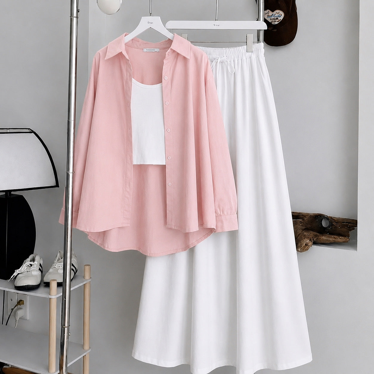 Baby-Pink Button Down Shirt With White Inner & White Maxi Skirt