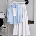Sky-Blue Button Down Shirt With White Inner & White Maxi Skirt