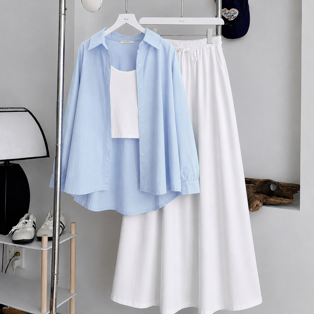 Sky-Blue Button Down Shirt With White Inner & White Maxi Skirt