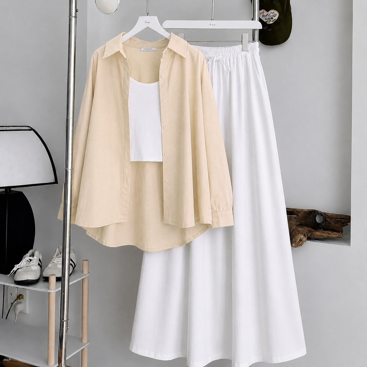 Beige Button Down Shirt With White Inner & White Maxi Skirt