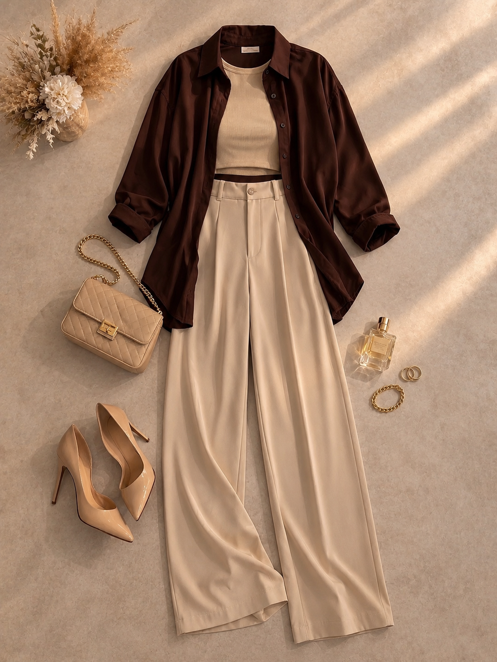 Brown Button Down Shirt With Beige Inner & Beige Formal Pant